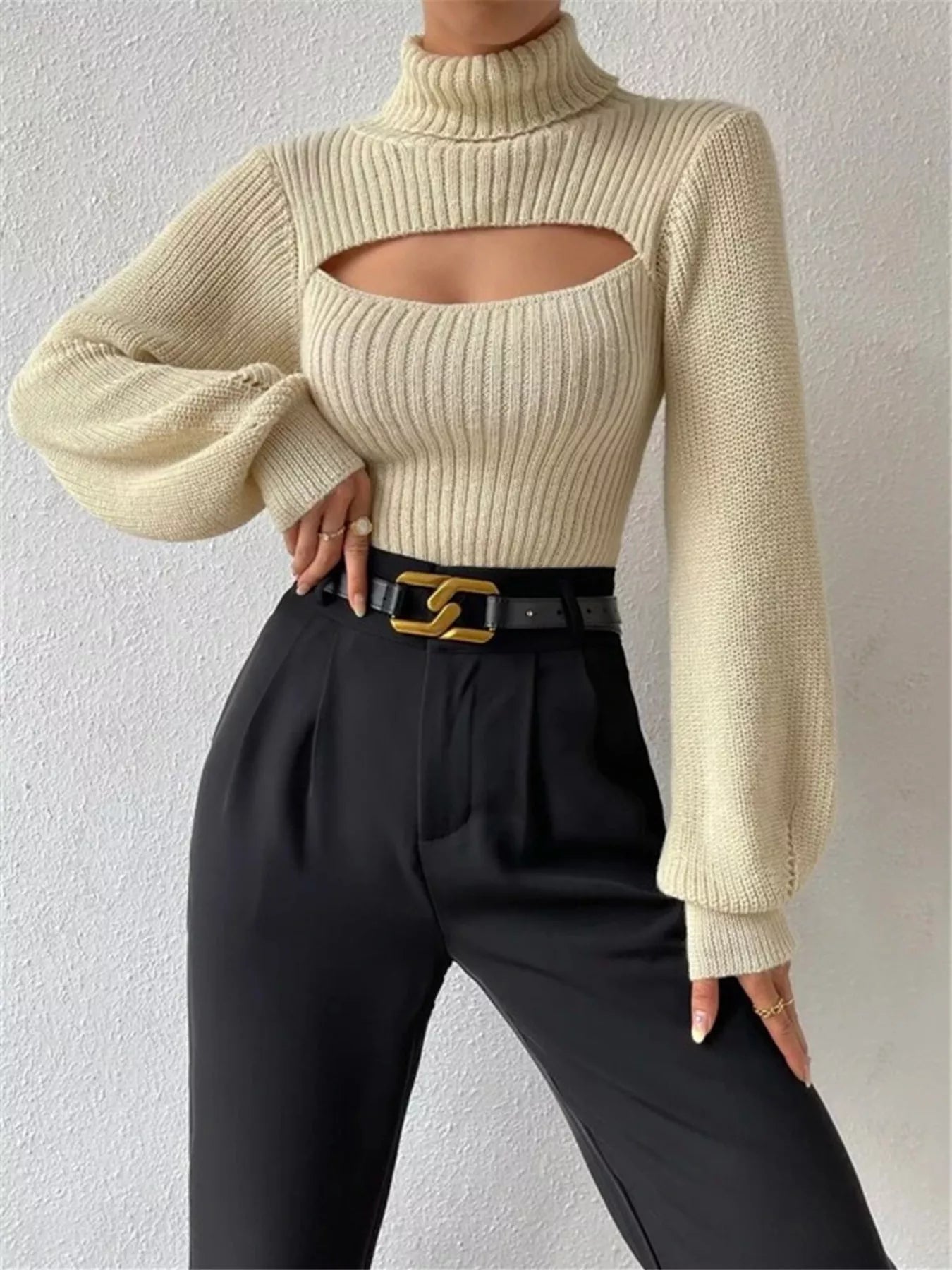 Cutout Front Turtleneck Long Sleeve Sweater – Chic Modern Knit