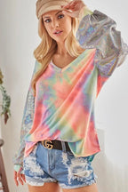 V-Neck Tie-Dye French Terry Top with Shimmer – Trendy & Cozy