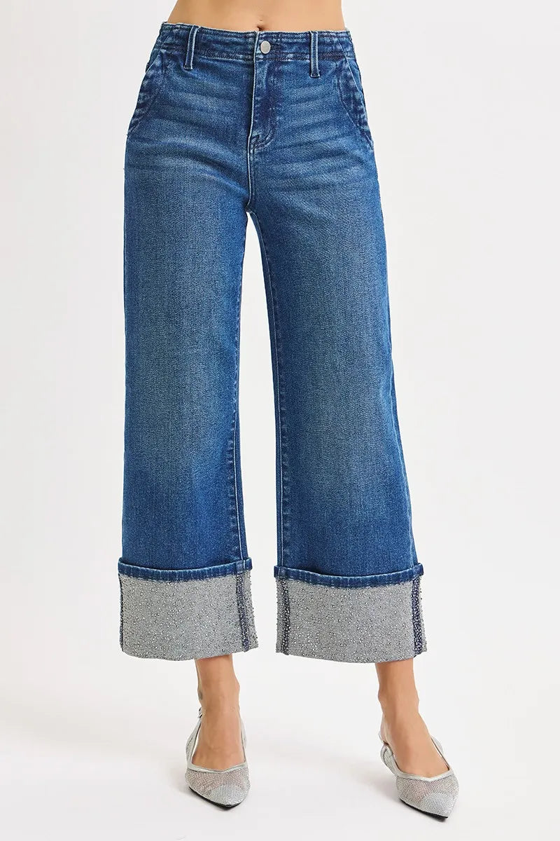 High Rise Ankle Rhinestone Cuffed Jeans – Trendy Cropped Denim
