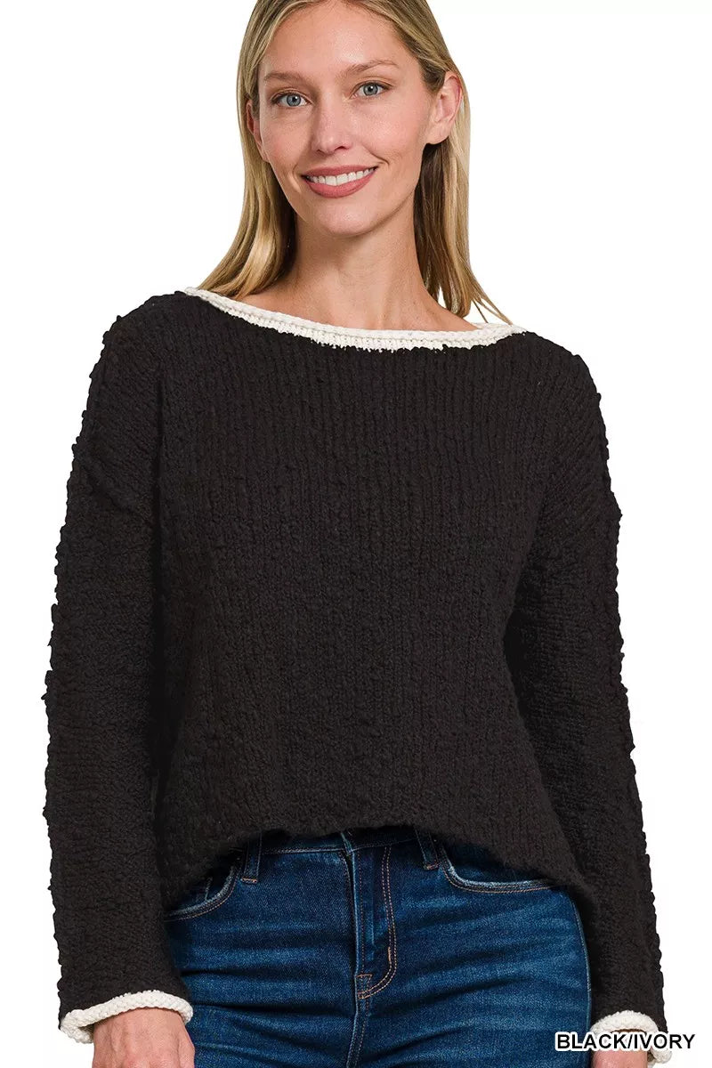 Zenana Contrast Trim Cropped Sweater – Trendy Soft Modern Style