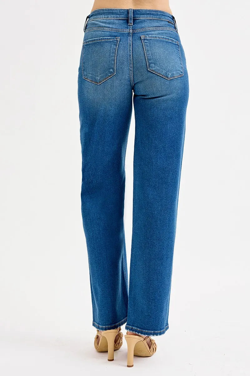 Distressed Knee Straight Leg Jeans – Medium Blue Stretch Denim