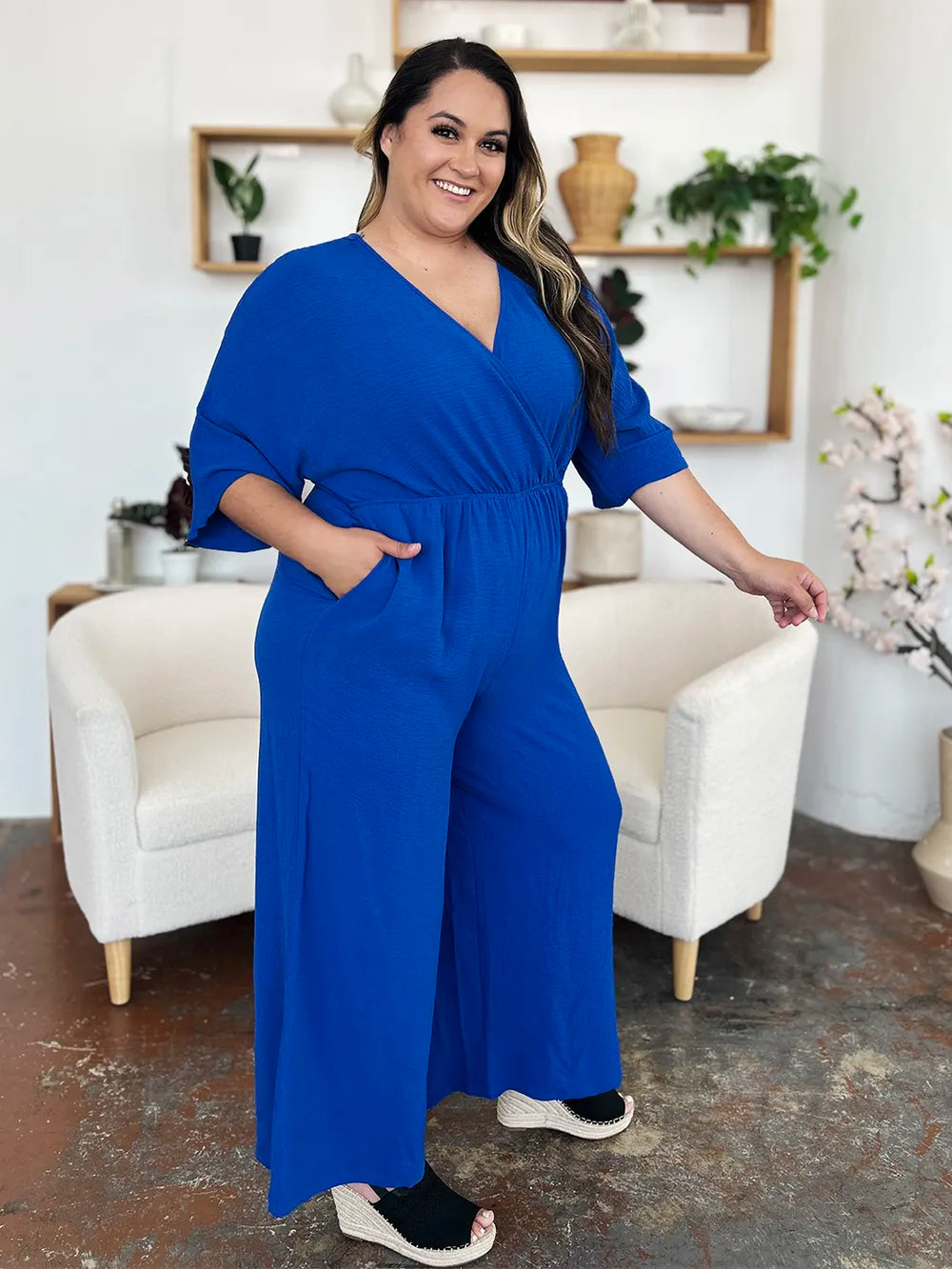 Surplice Wide Leg Jumpsuit with Pockets – Flattering, Chic & Comfy