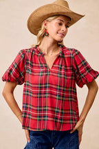 BiBi Christmas Plaid Ruffled Blouse – Festive Short Sleeve Holiday Top