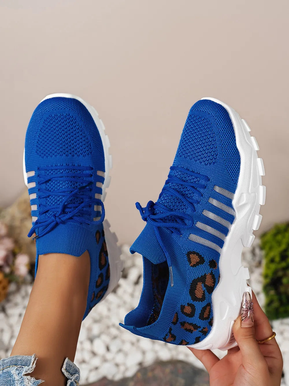 Cutout Leopard Lace-Up Mesh Athletic Sneakers – Sporty & Stylish