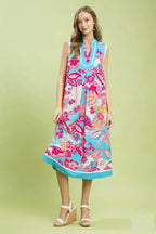 Floral sleeveless midi dress, blue V-neck with bright pink and teal floral print