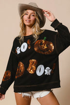 Halloween Sequin Pumpkin & Ghost Sweatshirt – Oversized Black Pullover
