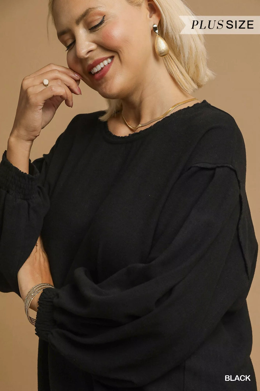Linen Long Sleeve Top with Drawstring Detail Plus Women’s Versatile Shirt