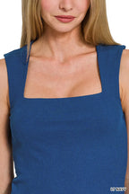 Women's LT navy ribbed seamless square-neck double-layer tank top, close-up