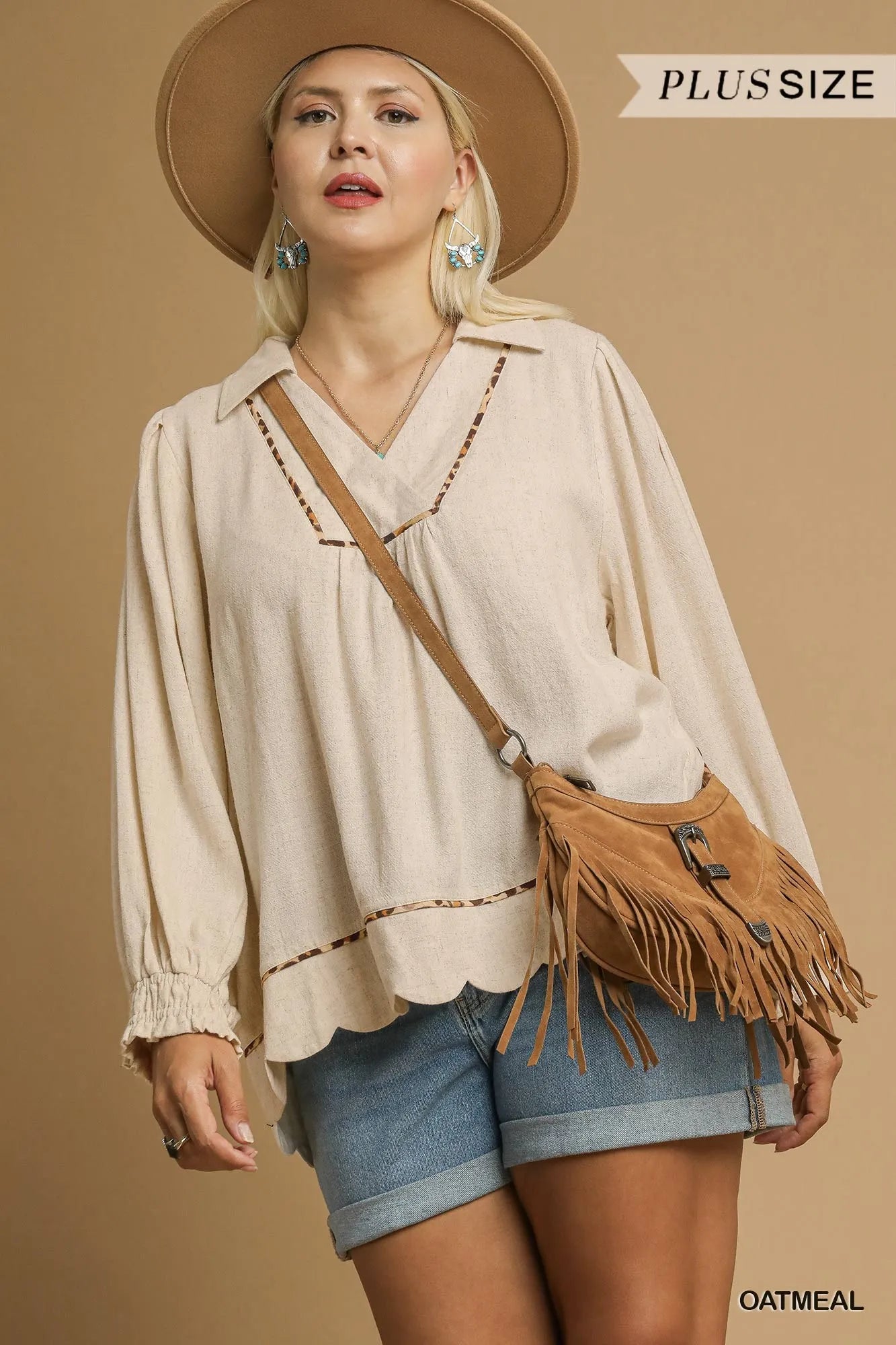 Linen Scallop Hem Blouse Contrast Trim Women’s Chic Casual Plus Top