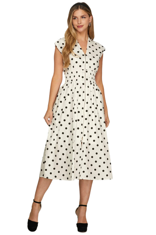 She + Sky Front Zip Polka Dots Cap Sleeve Midi Dress