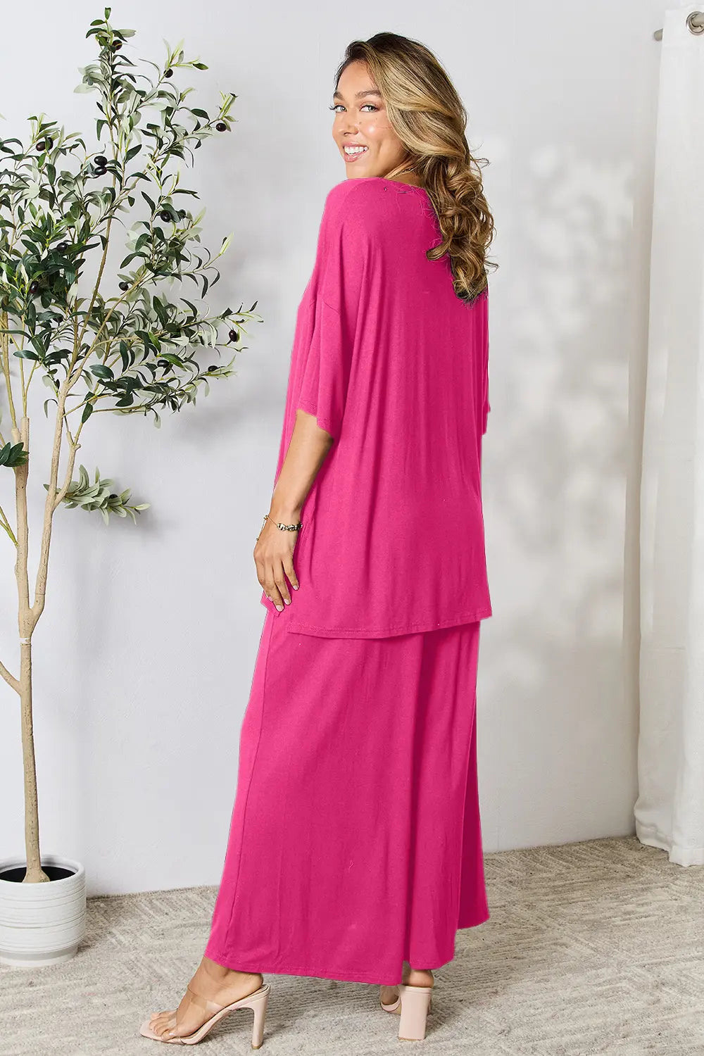Hot pink two-piece top and wide-leg pants set, loose fit, round neck