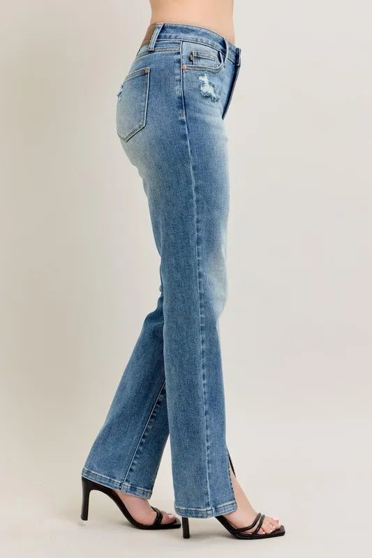Women's high-waist straight jeans, blue denim with side leg seam and front slit hem