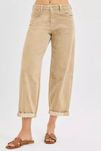 Risen Women's High Rise Crop Barrel Corduroy Pants