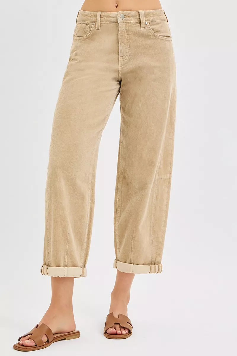 Risen Women's High Rise Crop Barrel Corduroy Pants
