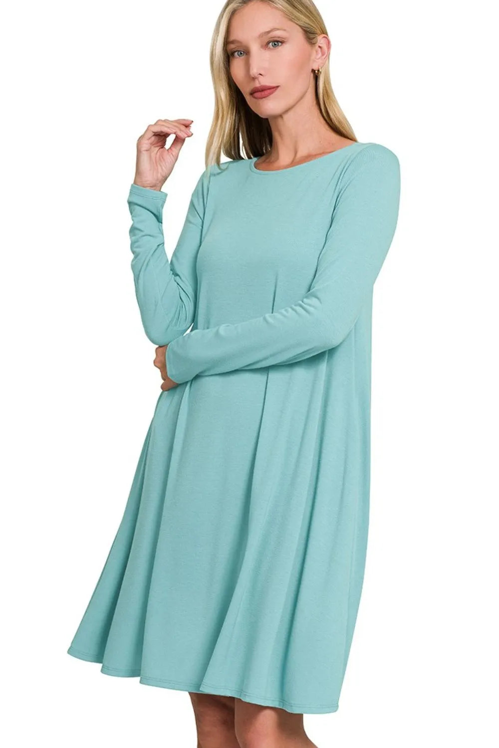 Turquoise Long Sleeve Swing Dress Soft Flowy & Flattering A-Line Fit