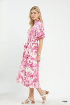 Pink abstract print midi dress with smocked bodice, tie waist, puff sleeves