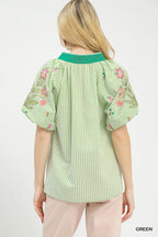 Green striped dolman top with embroidered back yoke and puff sleeves