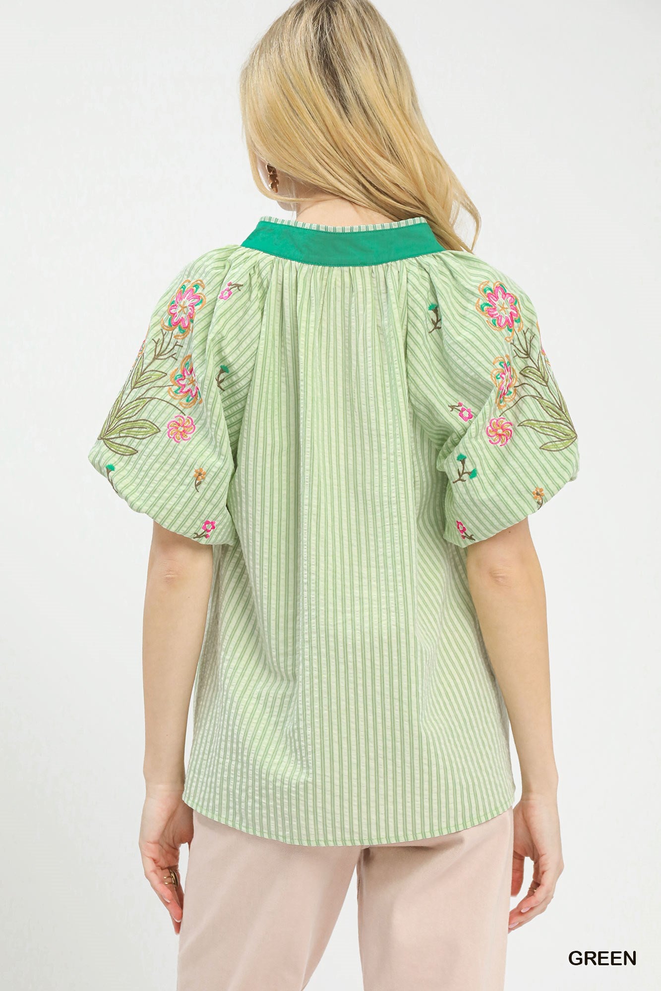 Green striped dolman top with embroidered back yoke and puff sleeves