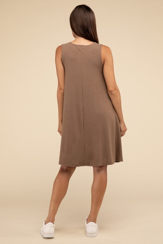 Zenana Sleeveless Flared Dress with Side Pockets