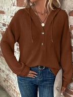 Brown waffle-knit button hoodie front view with hood and drawstring ties