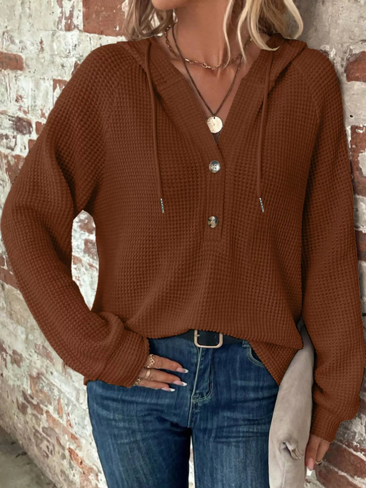 Brown waffle-knit button hoodie front view with hood and drawstring ties