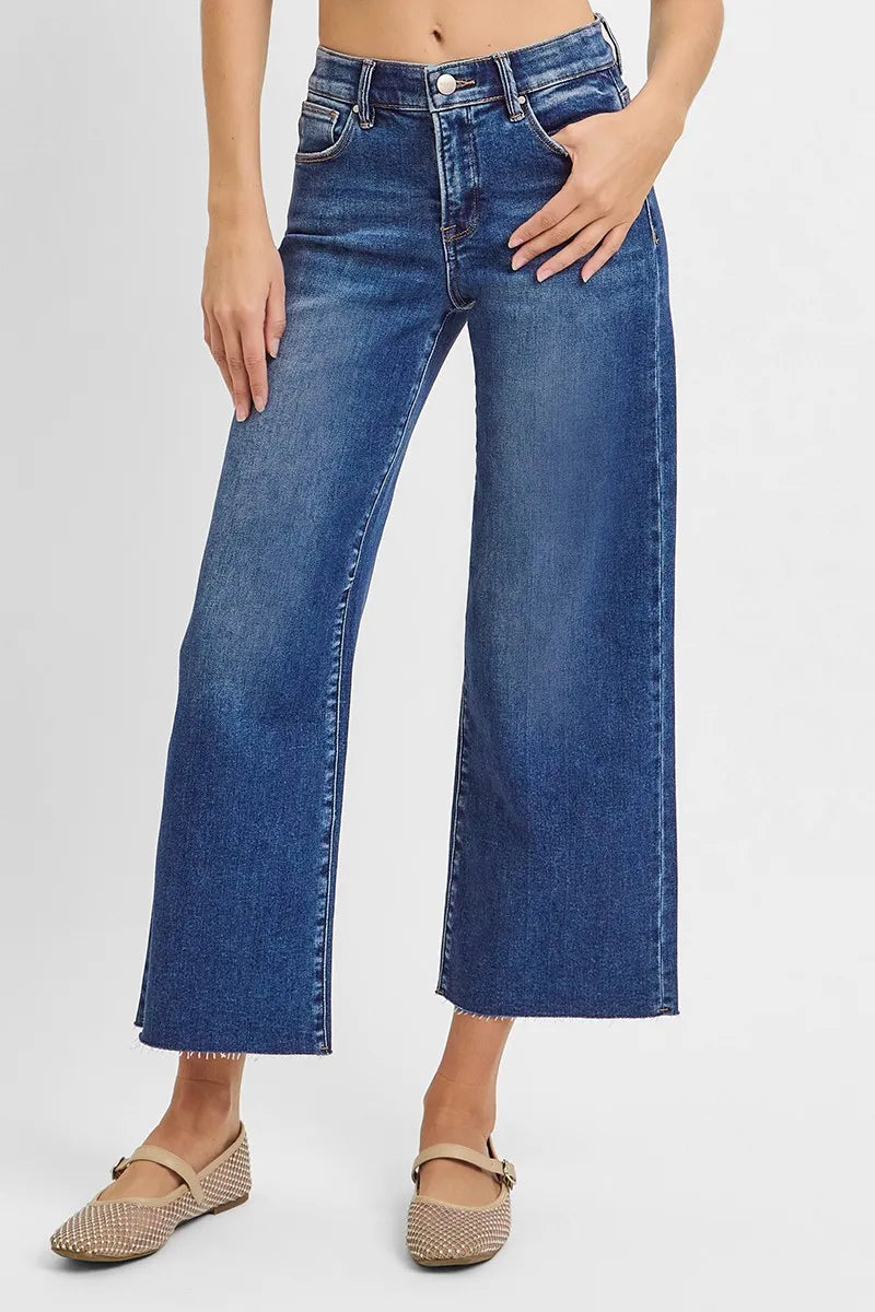 Dreamkue-Risen Women's Wide Leg Cropped Jeans High Rise Stretch Denim Pants Casual Style