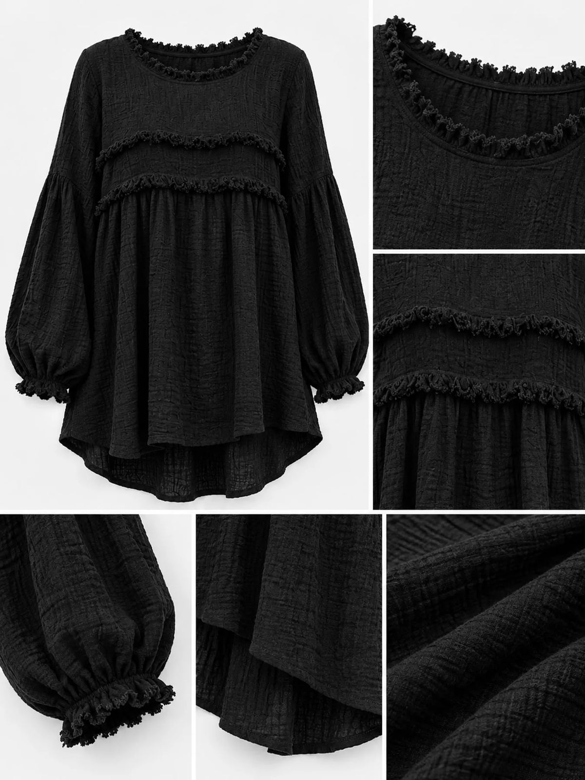 Black frayed trim peplum blouse detail: ruffle trim, elastic cuffs, textured fabric
