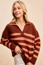 BiBi Striped Sweater Top – Trendy Collared Knit with Stitched Details