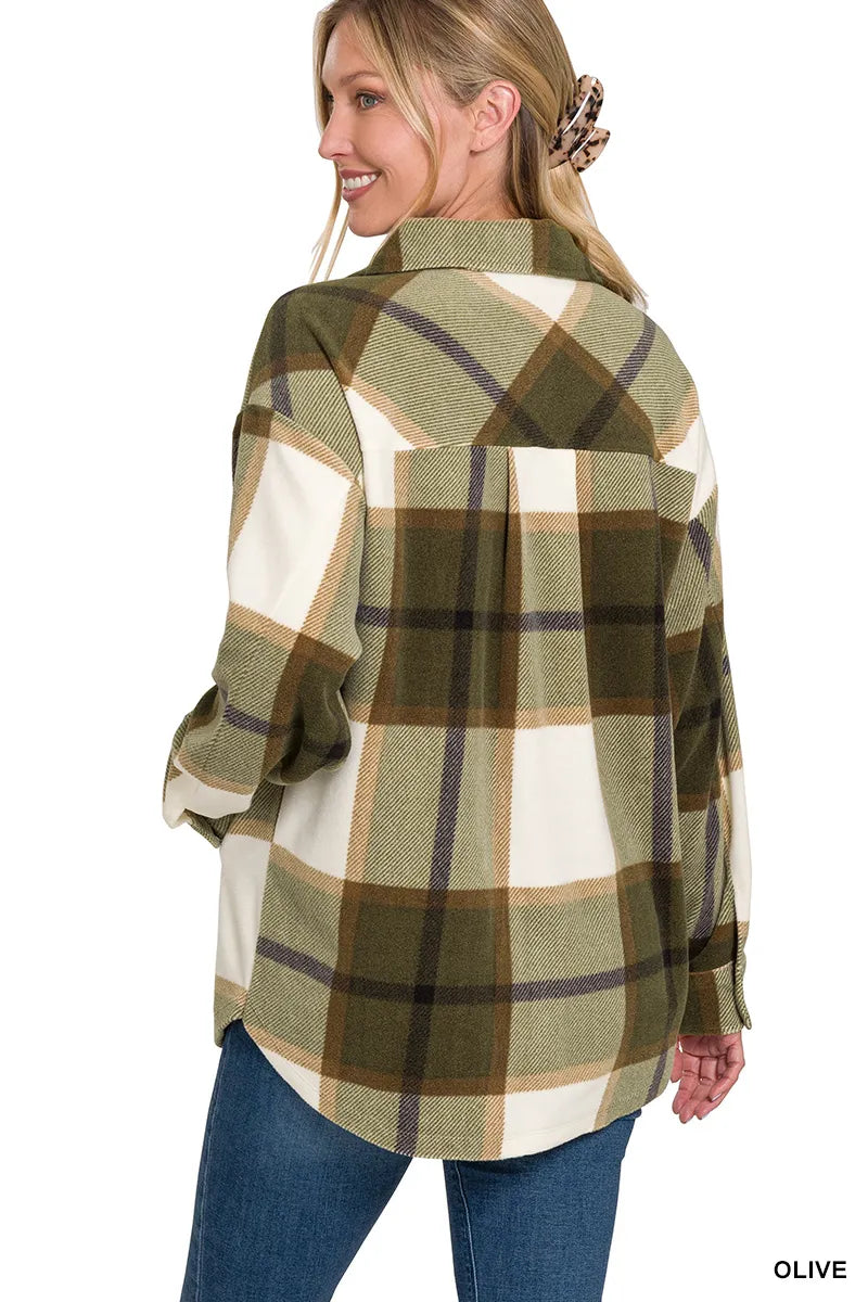 Olive Green Plaid Flannel Jacket Soft Relaxed Fit Button-Up Layer