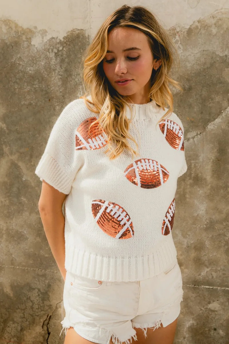 Football Print Pullover Sweater – Sporty Chic Short Sleeve Knit