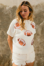 Football Print Pullover Sweater – Sporty Chic Short Sleeve Knit
