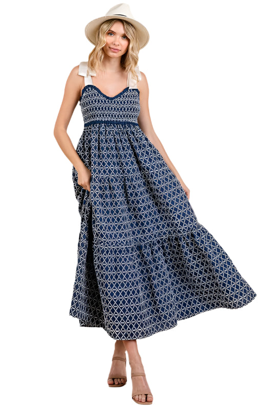GeeGee Geometric Embroidered Smocked Tie Shoulder Midi Dress