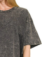 Charcoal acid-wash T-shirt shoulder and short sleeve, loose drape