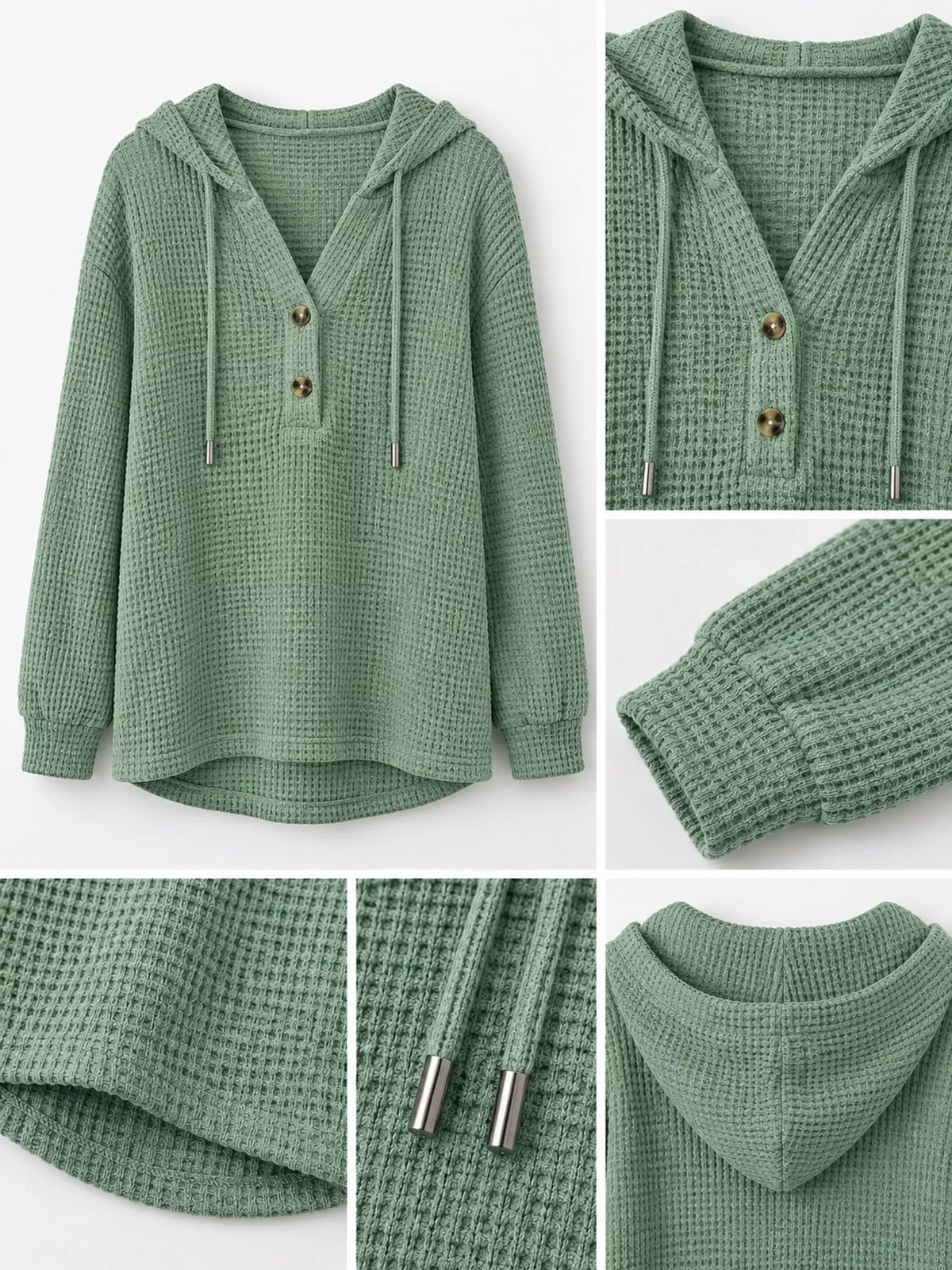 Sage green waffle-knit button hoodie detail set: hood, buttons, and waffle texture.