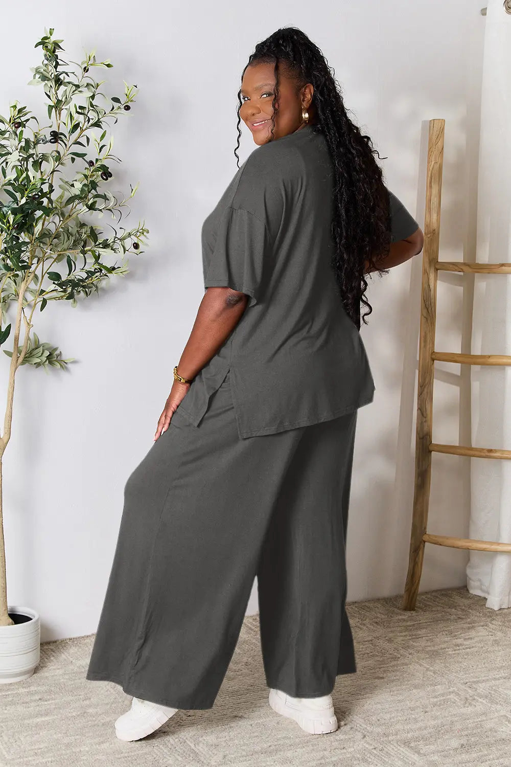 Chic Round Neck Slit Top & Pants Set – Stylish, Comfy & Versatile