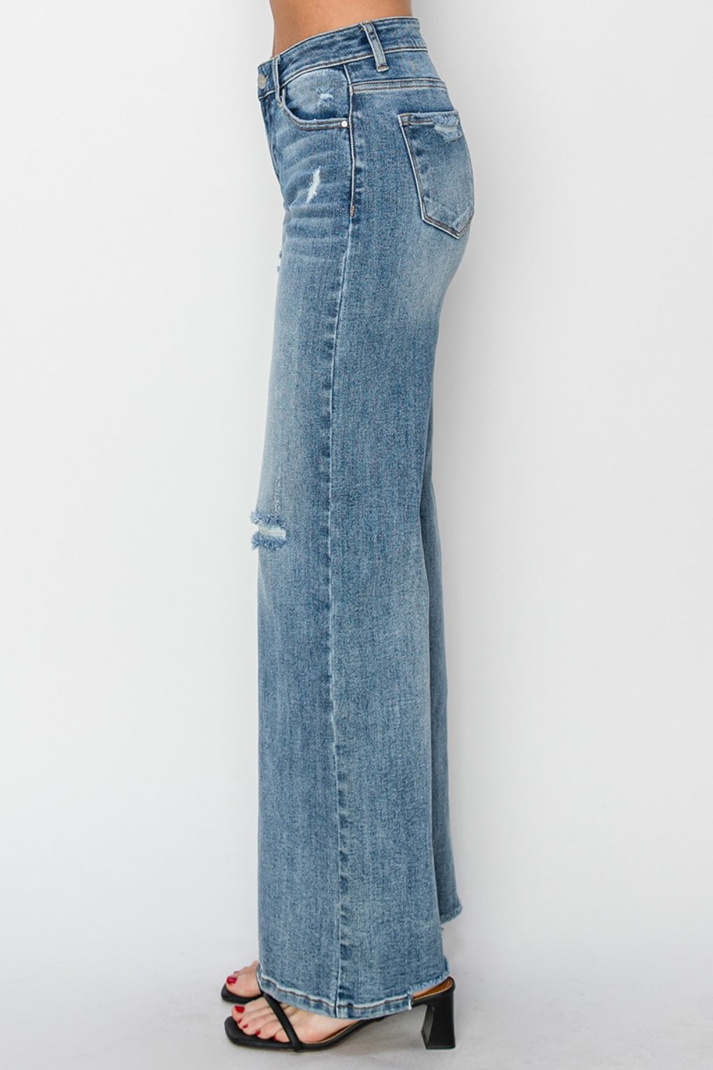 Risen High Waist Distressed Wide Leg Jeans