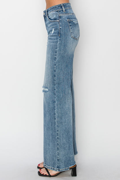 Risen High Waist Distressed Wide Leg Jeans