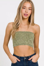 Washed ribbed seamless tube top in ash olive, bandeau style with elastic-like edge