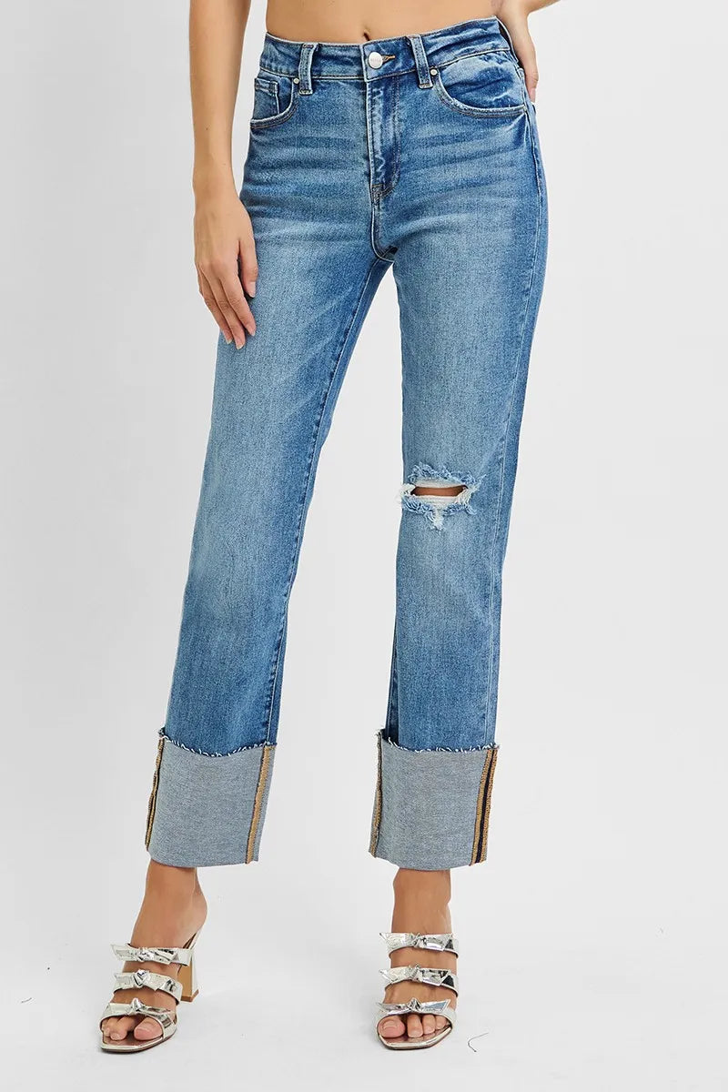 High Rise Ankle Straight Wide Cuffed Jeans | Modern Chic Denim