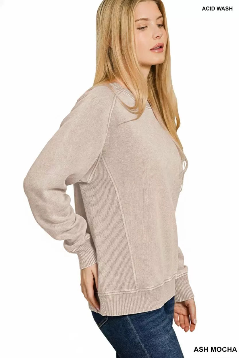 Zenana Acid Washed Fleece Sweatshirt – Soft Comfort with Side Rib Detail