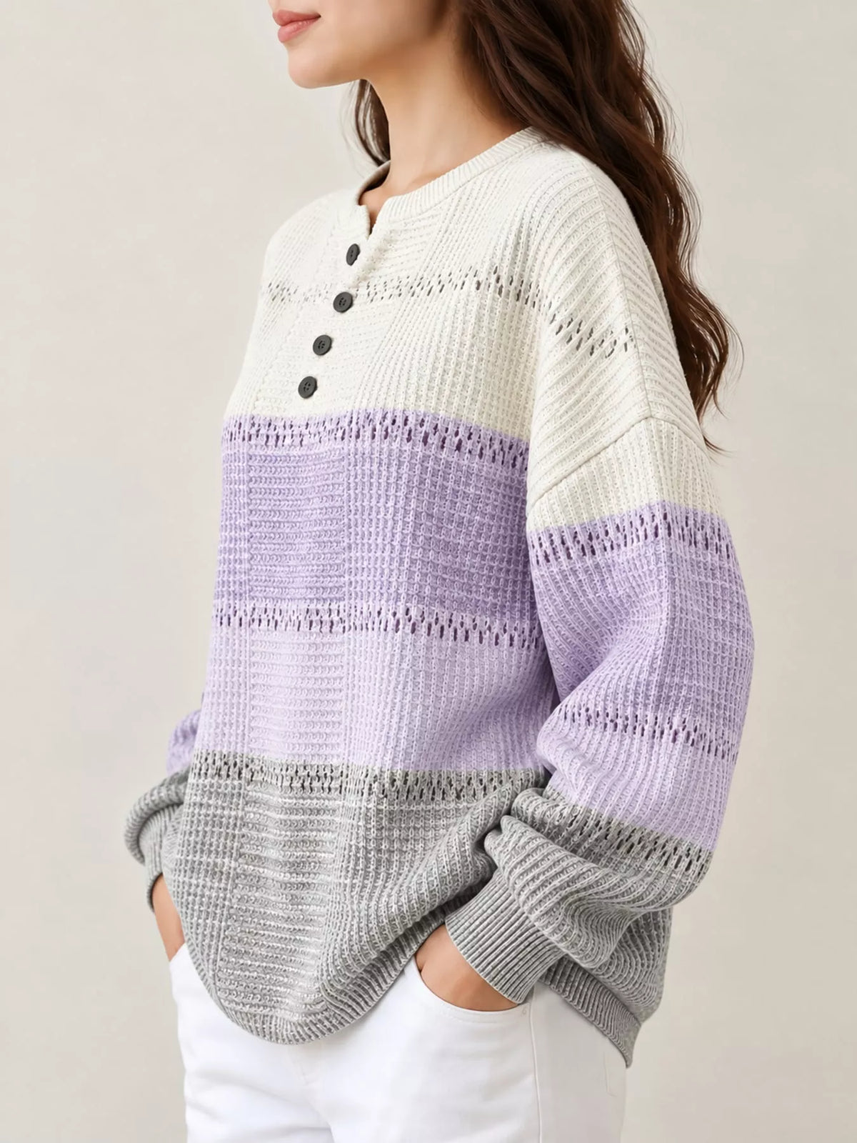 Lavender and white striped-knit henley sweatshirt, long sleeves, button placket