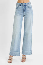 Tummy Control High Rise Ankle Wide Cuffed Jeans | Slimming Trendy Fit