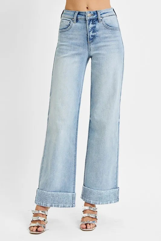 Tummy Control High Rise Ankle Wide Cuffed Jeans | Slimming Trendy Fit
