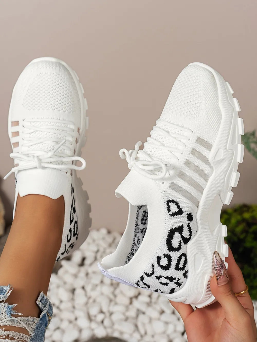 Cutout Leopard Lace-Up Mesh Athletic Sneakers – Sporty & Stylish