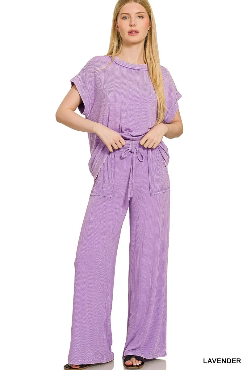 Lavender Lounge Set – Short Sleeve Top & Wide-Leg Drawstring Pants