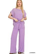 Lavender Lounge Set – Short Sleeve Top & Wide-Leg Drawstring Pants