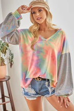 V-Neck Tie-Dye French Terry Top with Shimmer – Trendy & Cozy