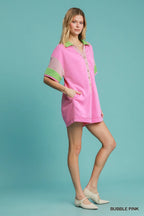 Pink & Green Colorblock Romper – Oversized Button-Up Summer Outfit