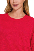 Zenana Classic Red Long Sleeve T-Shirt with Chest Pocket – Soft, Casual & Versatile