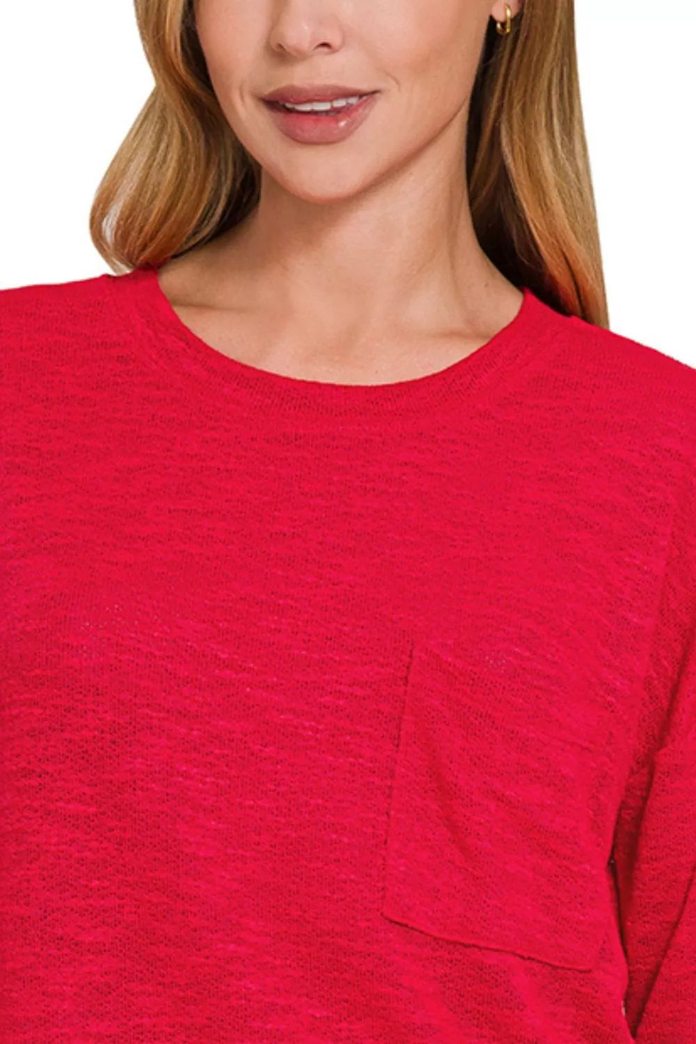 Zenana Classic Red Long Sleeve T-Shirt with Chest Pocket – Soft, Casual & Versatile